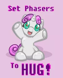Size: 791x975 | Tagged: safe, artist:melle-d, derpibooru import, sweetie belle, pony, robot, robot pony, unicorn, female, filly, foal, hooves, horn, hug request, looking at you, open mouth, set phasers to hug, simple background, sitting, solo, sweetie bot