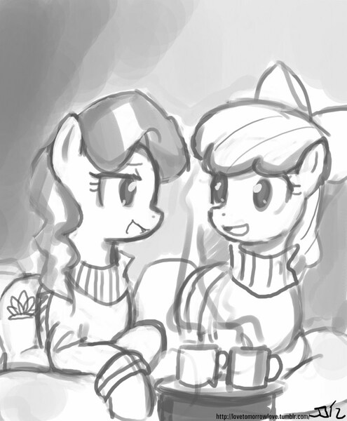 Size: 671x813 | Tagged: safe, artist:johnjoseco, derpibooru import, apple bloom, diamond tiara, earth pony, pony, clothes, diamondbloom, female, filly, grayscale, lesbian, monochrome, mug, prone, shipping, sketch, smiling, sweater