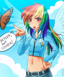 Size: 700x840 | Tagged: artist:racoonsan, belly button, breasts, butterfly, clothes, cropped, delicious flat chest, derpibooru import, female, human, humanized, may the best pet win, midriff, rainbow dash, rainbow flat, safe, scene interpretation, short shirt, skinny, solo, sweater, winged humanization