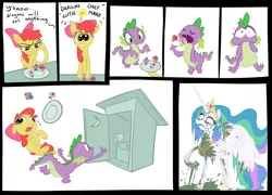 Size: 1250x900 | Tagged: safe, artist:fxcellent, derpibooru import, apple bloom, princess celestia, spike, alicorn, dragon, earth pony, pony, comic, cooking, cupcake, eating, female, filly, frown, male, mare, outhouse, toilet paper, vomit