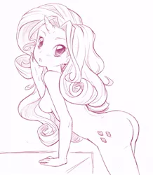 Size: 637x730 | Tagged: artist:pimmy, ass, backbend, barbie doll anatomy, breasts, butt, cute, cutie mark, derpibooru import, female, horned humanization, human, humanized, looking at you, looking back, monochrome, nudity, ponibooru import, rarity, rearity, sideboob, solo, solo female, suggestive