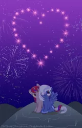 Size: 708x1105 | Tagged: safe, artist:catwhitney, derpibooru import, oc, oc:starcrosser, oc:terra firma, unofficial characters only, pegasus, pony, unicorn, female, fireworks, glasses, intertwined tails, mare, sitting