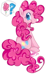 Size: 639x1026 | Tagged: safe, artist:ambunny, derpibooru import, pinkie pie, earth pony, pony, cotton candy, cute, diapinkes, female, food, mare, nom, pictogram, question mark, simple background, sitting, solo, transparent background