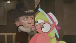 Size: 1080x610 | Tagged: safe, derpibooru import, earth pony, human, pony, cowboys and equestrians, daniel craig, female, kissing, mad (tv series), mad magazine, maplejack, mare, pony reference