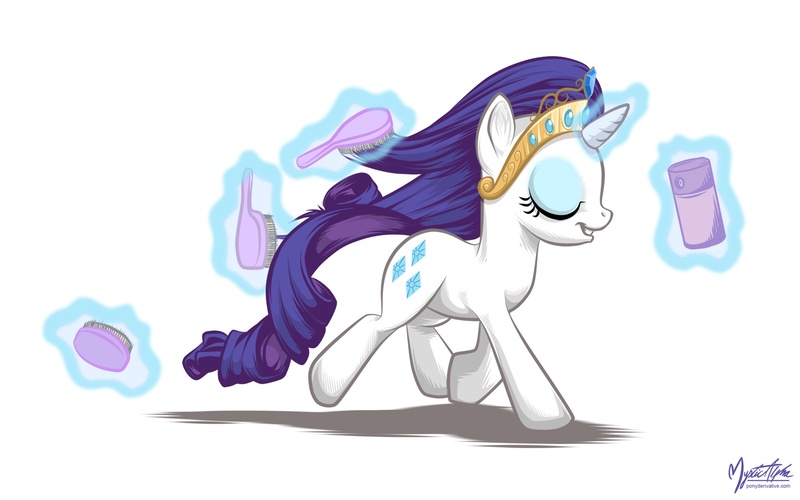 Size: 1680x1050 | Tagged: safe, artist:mysticalpha, derpibooru import, rarity, pony, unicorn, big crown thingy, brush, element of generosity, eyes closed, female, hair spray, jewelry, magic, mare, regalia, simple background, solo, telekinesis, wallpaper