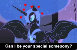 Size: 1024x671 | Tagged: safe, derpibooru import, edit, edited screencap, screencap, nightmare moon, alicorn, pony, bronybait, caption, cs captions, female, heart, love, mare, solo, special somepony, spread wings, text, wings