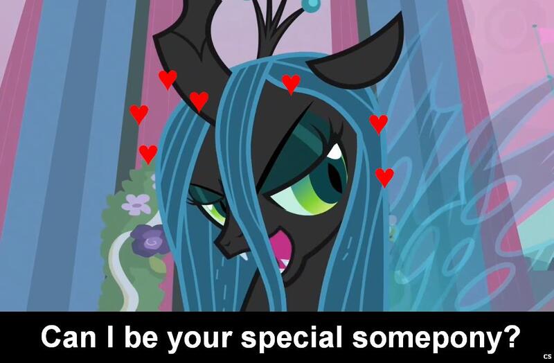 Size: 1024x671 | Tagged: safe, derpibooru import, edit, edited screencap, screencap, queen chrysalis, changeling, changeling queen, a canterlot wedding, bedroom eyes, bronybait, caption, cs captions, fangs, female, floppy ears, frown, heart, image, implied, jpeg, love, open mouth, solo, special somepony, text