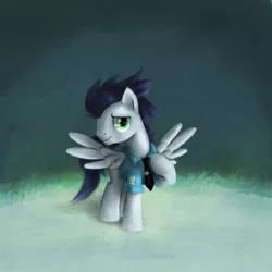 Size: 600x600 | Tagged: safe, artist:xx-mr-no-name-xx, derpibooru import, soarin', pegasus, pony, clothes, male, raised hoof, solo, spread wings, stallion, wings, wonderbolts dress uniform