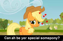 Size: 1024x671 | Tagged: safe, derpibooru import, applejack, earth pony, pony, bronybait, caption, cs captions, cute, female, heart, implied, jackabetes, love, mare, solo, special somepony, text