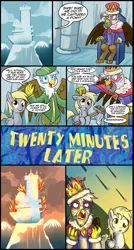 Size: 957x1792 | Tagged: safe, artist:madmax, derpibooru import, derpy hooves, oc, oc:chrono the griffon, gryphon, pegasus, pony, beyond the impossible, castle, comic, crown, female, fire, i just don't know what went wrong, impossible, jewelry, king, mare, photoshop, regalia, spongebob time card, throne