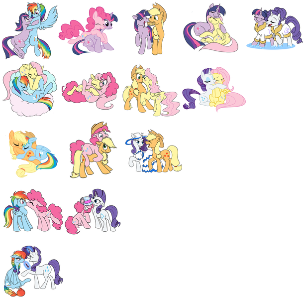 Size: 2008x1972 | Tagged: safe, artist:calicopikachu, derpibooru import, applejack, fluttershy, pinkie pie, rainbow dash, rarity, twilight sparkle, earth pony, pegasus, pony, unicorn, accessory swap, appledash, applepie, appleshy, bathrobe, braid, braided tail, chart, clothes, cloud, combinations, cowboy hat, cute, cutie mark, dress, female, flarity, flutterdash, flutterpie, hat, hoof bath, hooves, horn, kissing, lesbian, lipstick, lying on a cloud, makeover, makeup, mane six, mare, omniship, on a cloud, pie, pinkiedash, raridash, rarijack, rarilight, raripie, shipping, shipping chart, simple background, twidash, twijack, twinkie, twishy, unicorn twilight, wall of tags, white background, wings