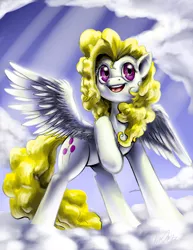 Size: 800x1035 | Tagged: safe, artist:aphexangel, derpibooru import, surprise, pegasus, pony, cloud, crepuscular rays, female, g1, g1 to g4, generation leap, mare, raised hoof, smiling, solo, spread wings, wings