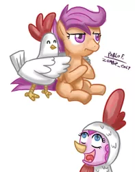 Size: 669x850 | Tagged: safe, artist:php13, derpibooru import, pinkie pie, scootaloo, chicken, earth pony, pegasus, pony, animal costume, chicken pie, chicken suit, clothes, costume, female, filly, mare, scootachicken, simple background, sitting, white background