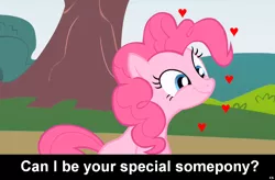 Size: 1024x670 | Tagged: safe, derpibooru import, pinkie pie, earth pony, pony, bronybait, cs captions, cute, female, heart, implied, love, mare, sitting, smiling, solo, special somepony, text
