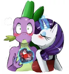 Size: 1193x1280 | Tagged: safe, artist:ss2sonic, derpibooru import, rarity, spike, anthro, blushing, female, fire ruby, interspecies, kiss on the cheek, kissing, male, shipping, simple background, sparity, spikelove, straight, surprise kiss, white background