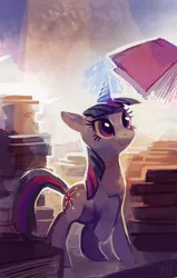 Size: 816x1280 | Tagged: dead source, safe, artist:purplekecleon, derpibooru import, twilight sparkle, pony, unicorn, book, female, magic, mare, pile, raised hoof, smiling, solo, telekinesis