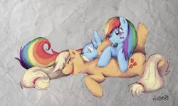 Size: 900x536 | Tagged: safe, artist:malicieuxx, derpibooru import, applejack, rainbow dash, appledash, blushing, female, lesbian, shipping, tickling