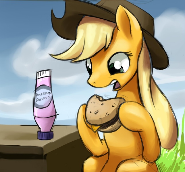 Size: 1000x931 | Tagged: safe, artist:gsphere, derpibooru import, applejack, earth pony, pony, burger, cheese, eating, female, food, mare, ponies eating meat, sitting, solo