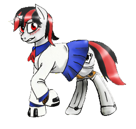 Size: 271x256 | Tagged: safe, artist:mistermech, derpibooru import, oc, oc:blackjack, unofficial characters only, pony, unicorn, fallout equestria, fallout equestria: project horizons, blushing, clothes, female, level 1 (project horizons), looking back, mare, raised hoof, school uniform, simple background, skirt, solo, transparent background