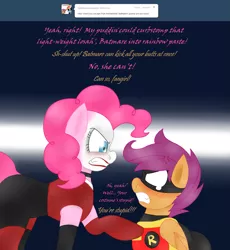 Size: 1487x1615 | Tagged: safe, artist:blackbewhite2k7, derpibooru import, pinkie pie, scootaloo, earth pony, pegasus, pony, angry, ask, batman, fangirl, female, filly, gritted teeth, harley quinn, mare, robin