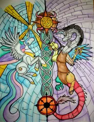 Size: 1500x1952 | Tagged: safe, artist:magefeathers, derpibooru import, discord, princess celestia, alicorn, draconequus, pony, dislestia, duo, female, male, mare, puppet strings, shipping, spread wings, stained glass, straight, wings