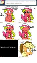 Size: 501x841 | Tagged: safe, artist:claireannecarr, derpibooru import, apple bloom, applejack, earth pony, pony, ask maplejack, ask, cowboys and equestrians, female, filly, hug, mad (tv series), mad magazine, maplejack, mare, tumblr