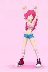 Size: 1835x2761 | Tagged: 2010s, 2012, armpits, artist:seismopac, belly button, clothes, converse, crazy face, dead source, denim shorts, derpibooru import, faic, female, human, humanized, midriff, pink background, pink hair, pinkie pie, safe, shoes, shorts, simple background, skinny, sneakers, socks, solo, tanktop