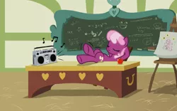 Size: 1907x1192 | Tagged: safe, artist:xx-mr-no-name-xx, derpibooru import, cheerilee, earth pony, pony, awesome face, boombox, chalkboard, eyes closed, female, hooves on the table, mare, math, ponyville schoolhouse, reclining, relaxing, school, solo, underhoof