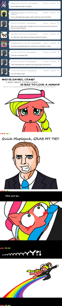 Size: 513x2501 | Tagged: safe, artist:claireannecarr, derpibooru import, earth pony, human, pony, ask maplejack, cowboys and equestrians, daniel craig, female, grab my meme, mad (tv series), mad magazine, male, maplejack, mare, meme