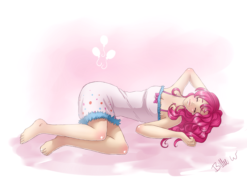 Size: 2962x2152 | Tagged: artist:missangest, barefoot, clothes, derpibooru import, dress, feet, female, gradient background, high res, human, humanized, pajamas, pinkie pie, safe, sleeping, solo