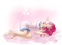 Size: 2962x2152 | Tagged: artist:missangest, barefoot, clothes, derpibooru import, dress, feet, female, gradient background, high res, human, humanized, pajamas, pinkie pie, safe, sleeping, solo