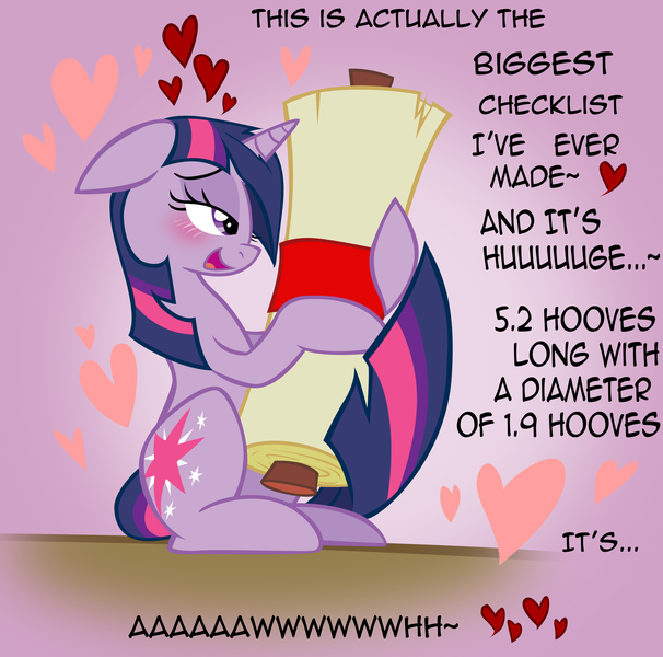 Size: 3501x3465 | Tagged: suggestive, artist:skutchi, artist:somepony, derpibooru import, twilight sparkle, pony, unicorn, adorkable, bedroom eyes, bibliophile, blushing, cargo ship, checklist, chico the checklist, crack shipping, cute, dork, eyes on the prize, female, floating heart, floppy ears, heart, high res, holding, hug, innuendo, list, love, mare, open mouth, scroll, shipping, sitting, smiling, solo, solo female, straight, tail hug, that pony sure does love lists, twilist
