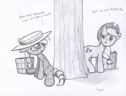 Size: 900x688 | Tagged: source needed, safe, artist:syggie, derpibooru import, applejack, earth pony, pony, barrel, cowboys and equestrians, duo, duo female, female, looking back, mad (tv series), mad magazine, maplejack, mare, monochrome, sitting, tree