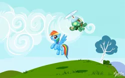 Size: 1680x1050 | Tagged: dead source, safe, artist:mysticalpha, derpibooru import, rainbow dash, tank, pegasus, pony, duo, female, flying, mare, tree, wallpaper