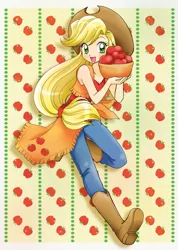 Size: 900x1267 | Tagged: abstract background, apple, applejack, applejack's hat, artist:chikorita85, basket, boots, cowboy boots, cowboy hat, cute, derpibooru import, female, hat, human, humanized, jackabetes, looking at you, open mouth, safe, solo