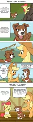 Size: 700x2533 | Tagged: safe, artist:masak9, derpibooru import, apple bloom, applejack, winona, dog, earth pony, pony, bandage, cliff, comic, female, filly, mare, translation