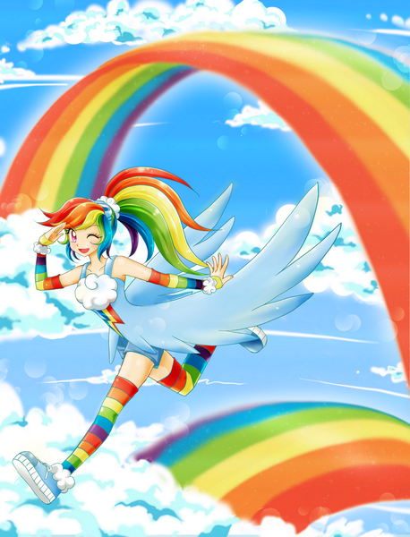 Size: 1600x2097 | Tagged: safe, artist:chikorita85, derpibooru import, rainbow dash, human, clothes, cute, dashabetes, female, humanized, one eye closed, open mouth, ponytail, rainbow, sky, smiling, socks, solo, striped socks, wings, wink