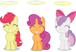 Size: 800x550 | Tagged: safe, derpibooru import, apple bloom, scootaloo, sweetie belle, earth pony, pegasus, pony, unicorn, cutie mark crusaders, eyes closed, female, filly, halo, recolor, simple background, smiling, transparent background