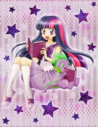 Size: 999x1293 | Tagged: safe, artist:chikorita85, derpibooru import, spike, twilight sparkle, dragon, human, abstract background, book, clothes, cute, duo, female, humanized, male, open mouth, reading, shoes, sitting, skirt, sneakers, spikabetes, stars, twiabetes