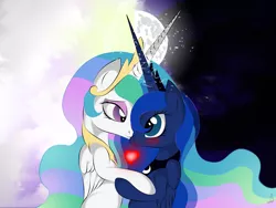 Size: 3072x2304 | Tagged: source needed, safe, artist:v-d-k, derpibooru import, princess celestia, princess luna, alicorn, pony, blushing, cute, eye contact, female, heart, high res, horns are touching, incest, looking at each other, mare, moon, sun