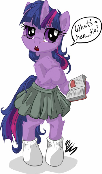 Size: 1004x1700 | Tagged: safe, artist:buttercupsaiyan, deleted from derpibooru, derpibooru import, twilight sparkle, pony, bipedal, book, chest fluff, clothes, colored, female, looking at you, mare, skirt, socks, solo