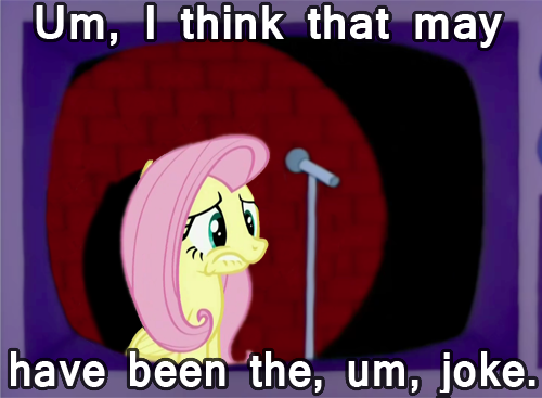 Size: 500x367 | Tagged: safe, derpibooru import, edit, ponibooru import, fluttershy, pegasus, pony, female, hilarious in hindsight, image macro, lip bite, mare, microphone, reaction image, solo, that's the joke, the simpsons