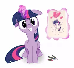 Size: 1200x1106 | Tagged: dead source, safe, artist:lhconceptpony, derpibooru import, twilight sparkle, pony, unicorn, crayon, cute, drawing, female, floppy ears, grin, head tilt, heart, hug request, levitation, looking at you, magic, mare, picture, simple background, sitting, smiling, solo, squee, telekinesis, twiabetes, white background