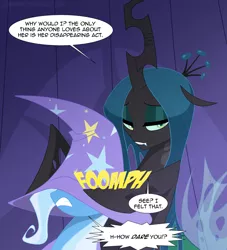 Size: 1615x1782 | Tagged: safe, artist:tarajenkins, derpibooru import, queen chrysalis, trixie, changeling, changeling queen, pony, unicorn, angry, dialogue, duo, duo female, fangs, female, floppy ears, hat over eyes, image, jpeg, mare, narrowed eyes, smiling, speech bubble, stage, tumblr link