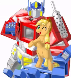 Size: 854x935 | Tagged: artist needed, safe, derpibooru import, applejack, earth pony, pony, duo, female, looking at you, mare, one eye closed, optimus prime, rearing, simple background, smiling, transformers, white background, wink