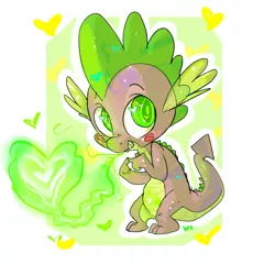 Size: 800x800 | Tagged: source needed, safe, artist:clockworkquartet, derpibooru import, spike, dragon, abstract background, baby, baby dragon, blushing, cute, fire, green fire, grin, heart, looking at you, male, smiling, solo, sparkles, spikabetes, wingding eyes