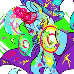 Size: 600x600 | Tagged: dead source, safe, artist:clockworkquartet, derpibooru import, trixie, pony, unicorn, abstract background, bipedal, female, grin, magic, mare, smiling, solo