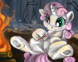 Size: 2500x2000 | Tagged: safe, artist:buttercupsaiyan, deleted from derpibooru, derpibooru import, sweetie belle, pony, unicorn, campfire, female, filly, fluffy, high res, marshmallow, on back, smiling, solo, underhoof