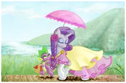 Size: 965x642 | Tagged: safe, artist:ruaniamh, derpibooru import, rarity, spike, dragon, pony, unicorn, alternate hairstyle, clothes, dress, female, interspecies, male, mare, shipping, smiling, sparity, straight, umbrella, walking