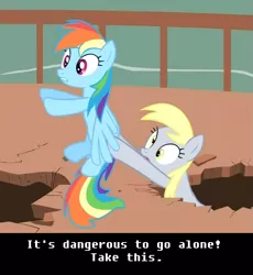 Size: 875x952 | Tagged: safe, derpibooru import, edit, edited screencap, screencap, derpy hooves, rainbow dash, pegasus, pony, the last roundup, butt touch, female, holding a pony, hoof on butt, image macro, it's dangerous to go alone, mare, nintendo, take this, the legend of zelda